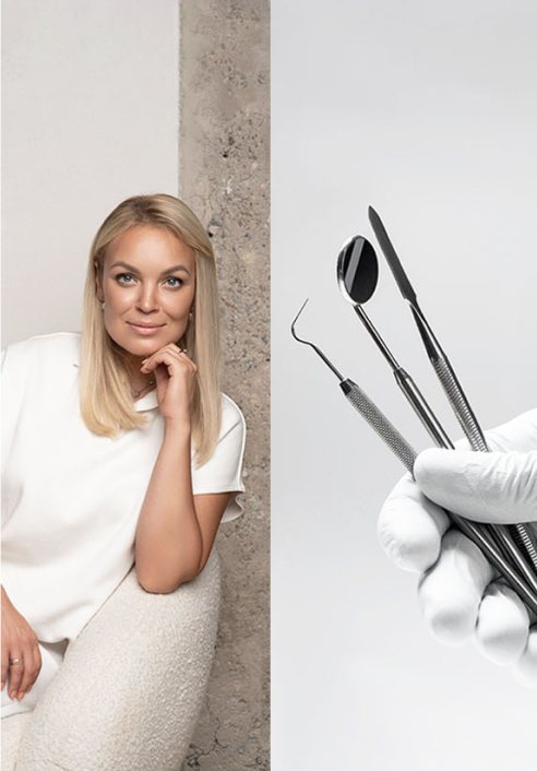 Dantų studijos 32 gydytoja ir odontologiniai instrumentai